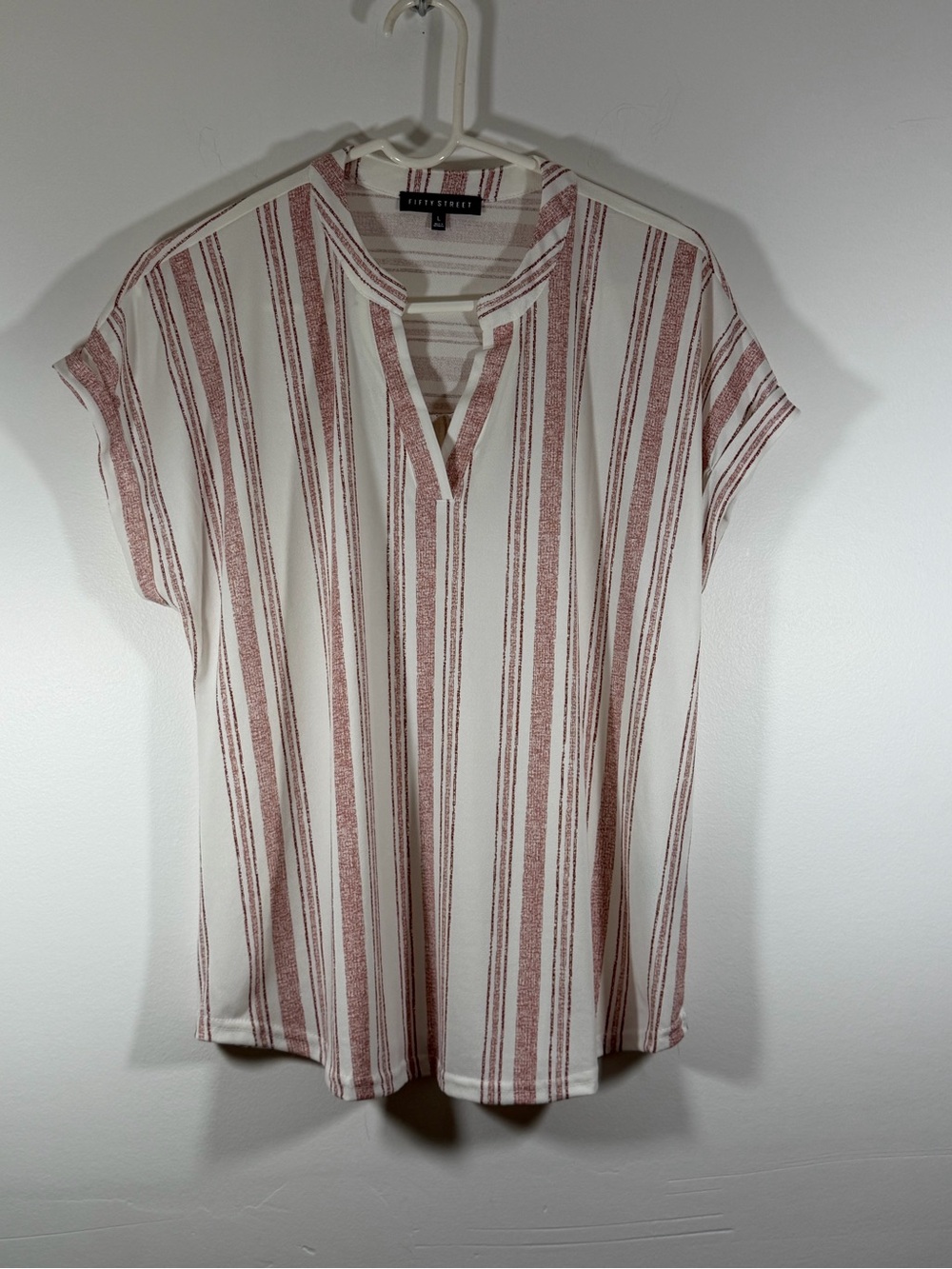 Fifty Street Striped Split-Neck Women’s Top - Soft Cream and Red striped